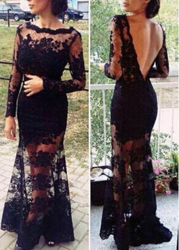 Rosewe Lace Boat Neck Black Open Back Maxi Dress