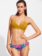 Shein Ginger Printed Ruffle Detail Crochet Bikini Set With Tassel