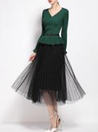 Shein Green V Neck Knit Belted Top With Gauze Skirt
