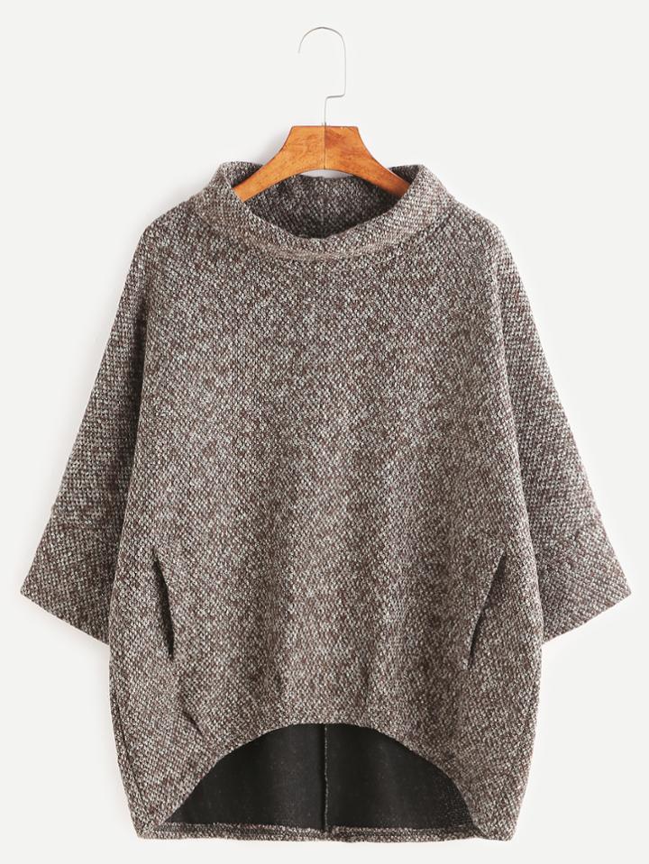 Shein Khaki Turtleneck Dip Hem Pockets Sweatshirt