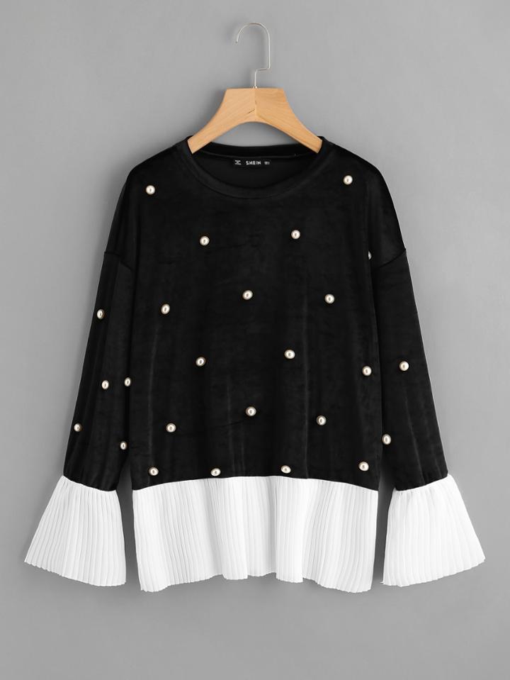 Shein Pleated Cuff And Hem Pearl Beading Velvet Top