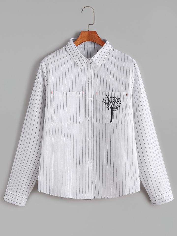 Shein White Pinstripes Embroidered Pockets Shirt