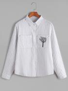 Shein White Pinstripes Embroidered Pockets Shirt