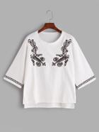 Shein White Embroidered High Low T-shirt