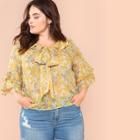 Shein Plus Tie Neck Layered Flounce Sleeve Floral Top