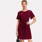 Shein Pleated Buttoned Neck Tie Waist Dress