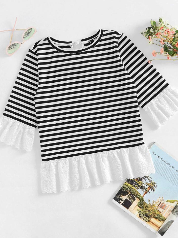 Shein Eyelet Embroidered Trim Bow Back Stripe Tee