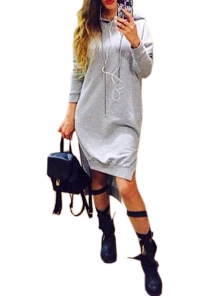 Shein Grey Hooded Long Sleeve High Low Sweatshirt Dress