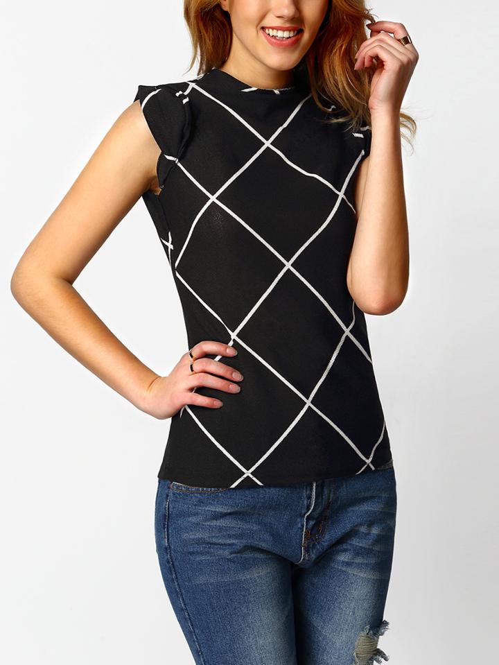 Shein Black Stand Collar Plaid Slim Blouse
