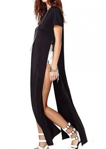 Rosewe Comfortable Round Neck Short Sleeve Maxi Dress Black