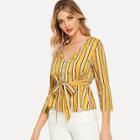 Shein Button Front Belted V-neck Striped Peplum Top