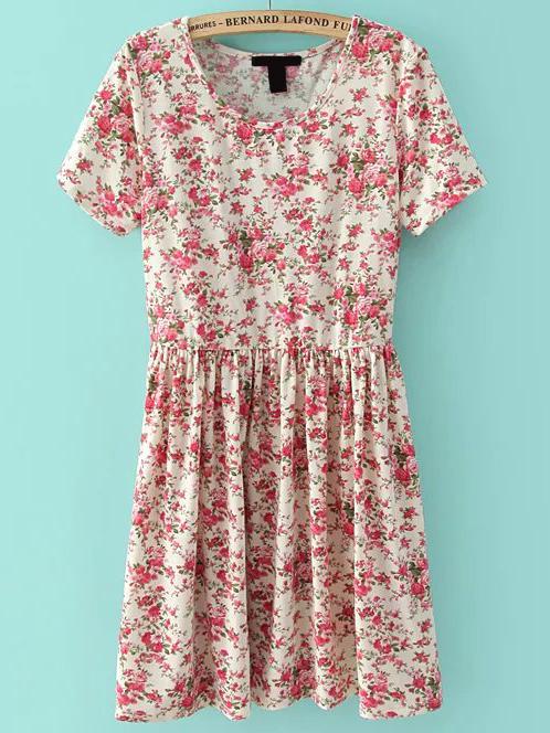 Shein Short Sleeve Florals Pleated Red Dress