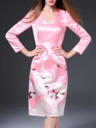 Shein Pink V Neck Swans Print Shift Dress