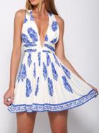 Shein White Deep V Neck Open Back Flower Feather Print Dress