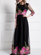Shein Black Sheer Gauze Embroidered Belted Maxi Dress