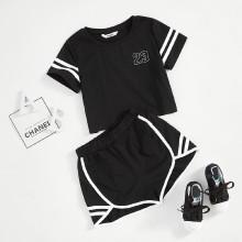 Shein Girls Varsity Print Tee & Dolphin Hem Shorts Set