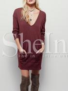 Shein Burgundy Long Sleeve V Neck Dress