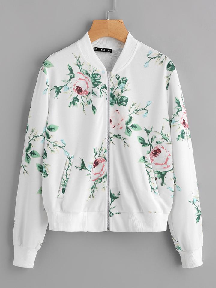 Shein Botanical Print Pocket Bomber Jacket
