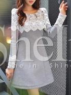 Shein Grey Long Sleeve Lace Splicing Dress