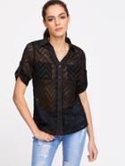 Shein Black Chevron Pattern Fishnet Lace Shirt