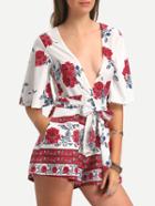 Shein Deep V Cutout Self Tied Floral Print Jumpsuit