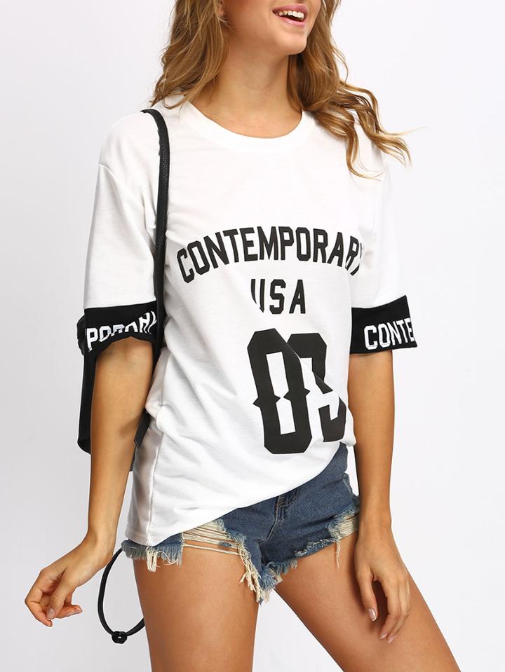 Shein White Varsity Print T-shirt