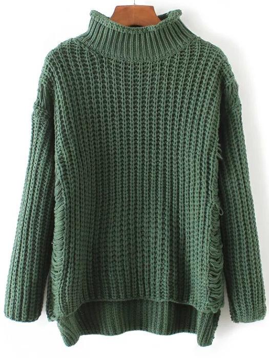 Shein Green Ripped Turtleneck Dip Hem Sweater