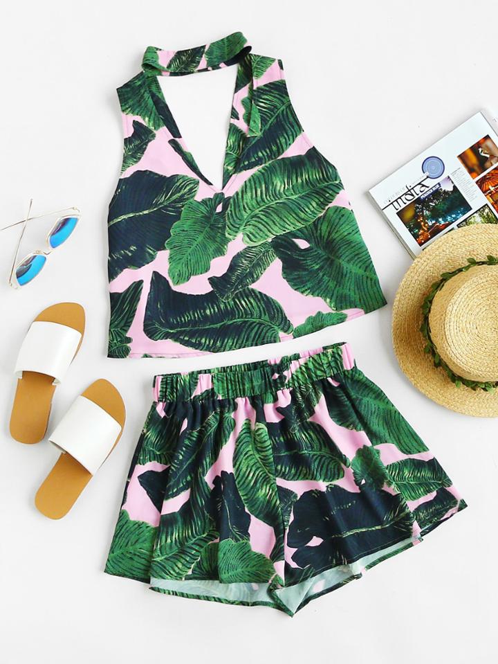 Shein Double V Choker Neck Tropical Top And Shorts Co-ord