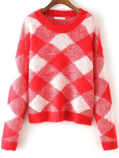Shein Red White Round Neck Plaid Mohair Crop Sweater
