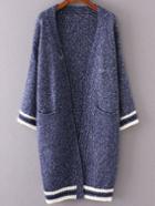 Shein Blue Striped Trim Front Pocket Long Cardigan