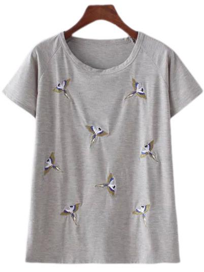 Shein Light Grey Bird Embroidery Casual T-shirt