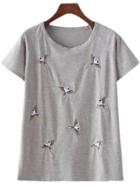 Shein Light Grey Bird Embroidery Casual T-shirt