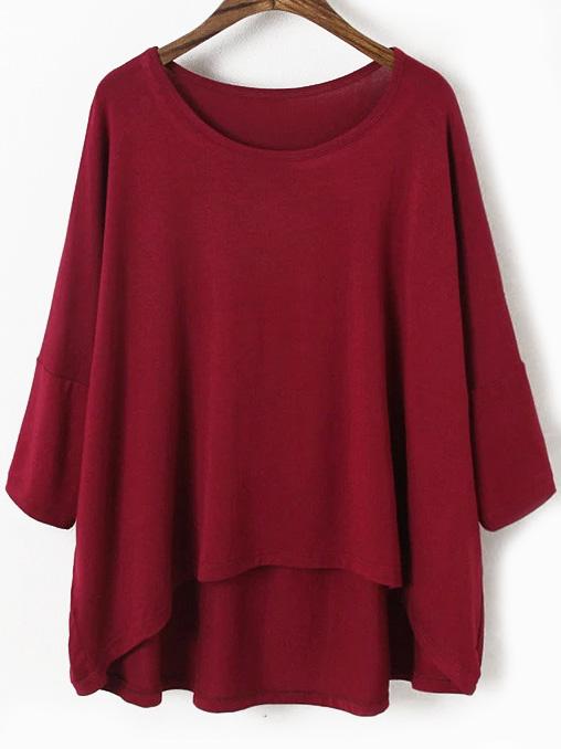 Shein Dip Hem Bat Sleeve Wine Red T-shirt
