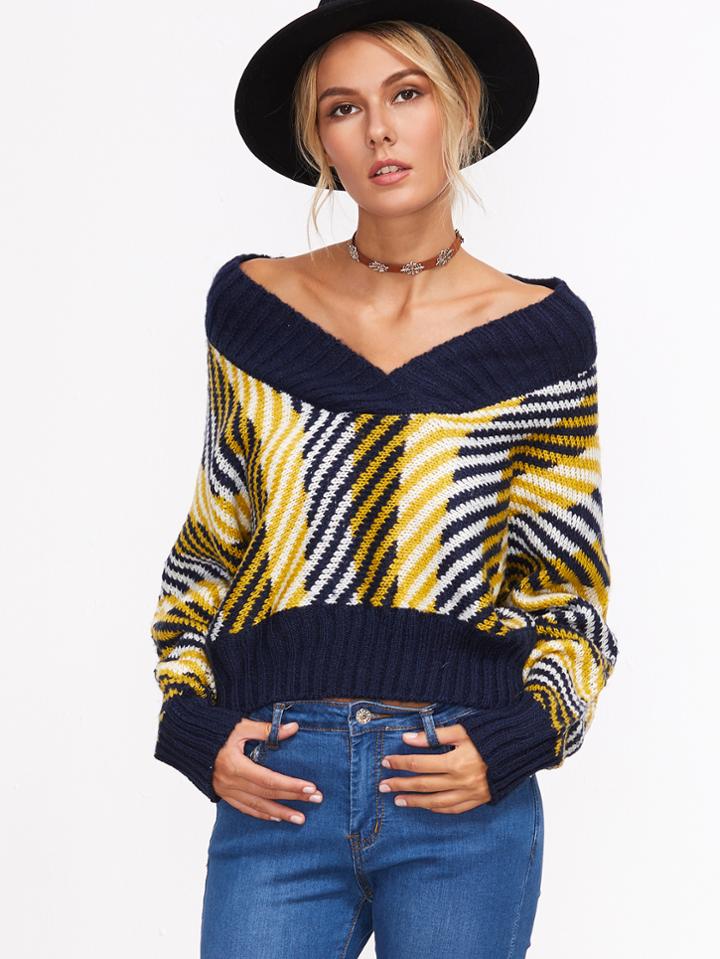 Shein Multicolor Striped V Neck Crop Sweater