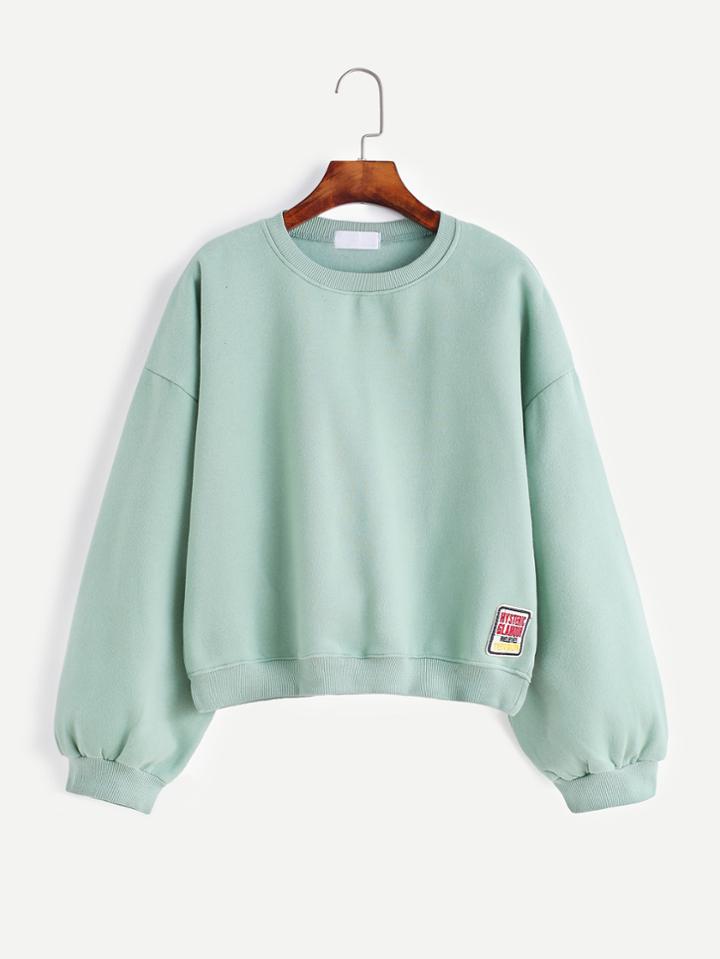 Shein Pale Green Dropped Shoulder Seam Embroidered Patch Sweatshirt