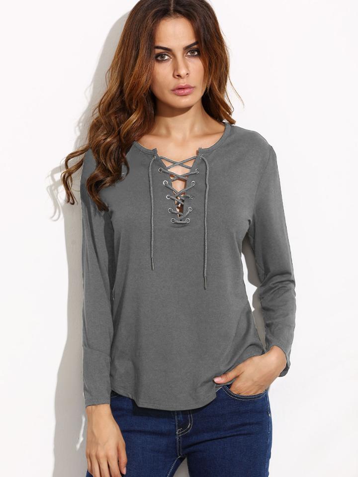 Shein Eyelet Lace Up Curved Hem Plunging T-shirt
