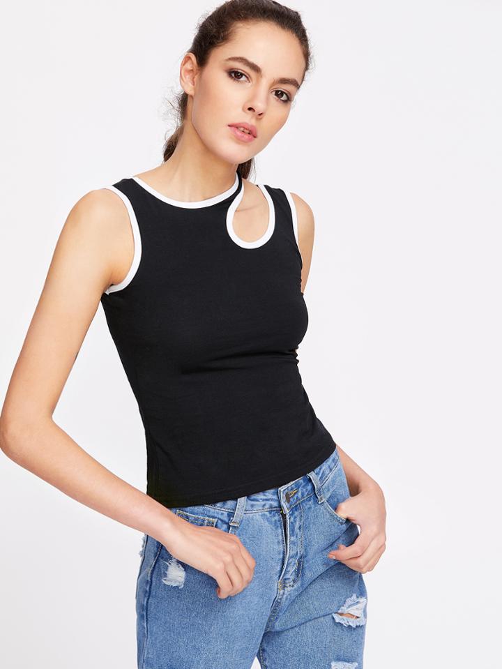 Shein Cut Out Neck Contrast Trim Top