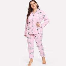 Shein Plus Rabbit Print Button Up Pajama Set With Eye Mask