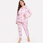 Shein Plus Rabbit Print Button Up Pajama Set With Eye Mask