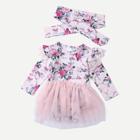Shein Toddler Girls Contrast Mesh Frill Trim Floral Print Jumpsuit With Headband