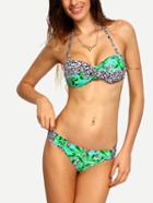 Shein Mixed Leopard Print Bandeau Bikini Set - Green