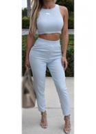 Rosewe Sleeveless Round Neck Light Blue Two Piece Jumpsuit