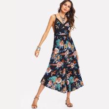 Shein Crisscross Open Back Ruffle Hem Floral Jumpsuit