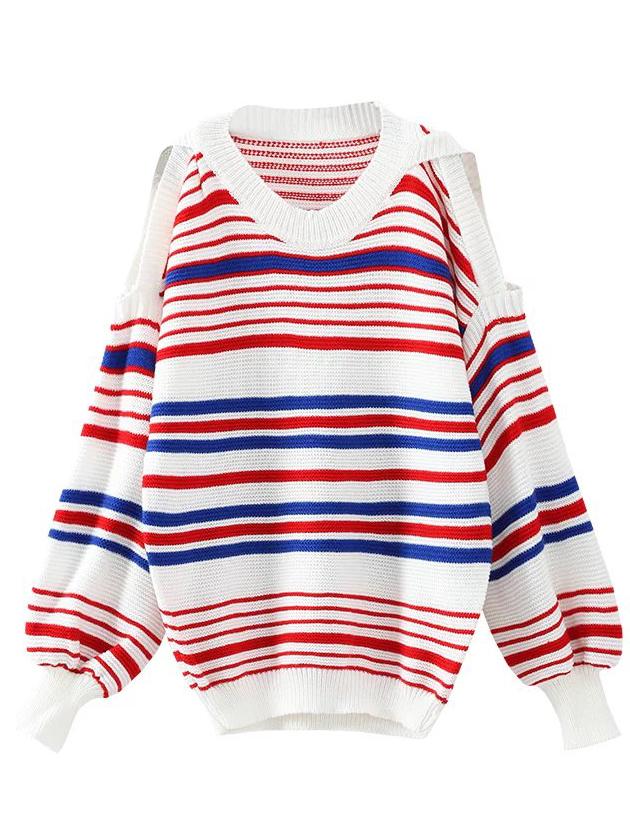 Shein Red Striped Open Shoulder Sweater