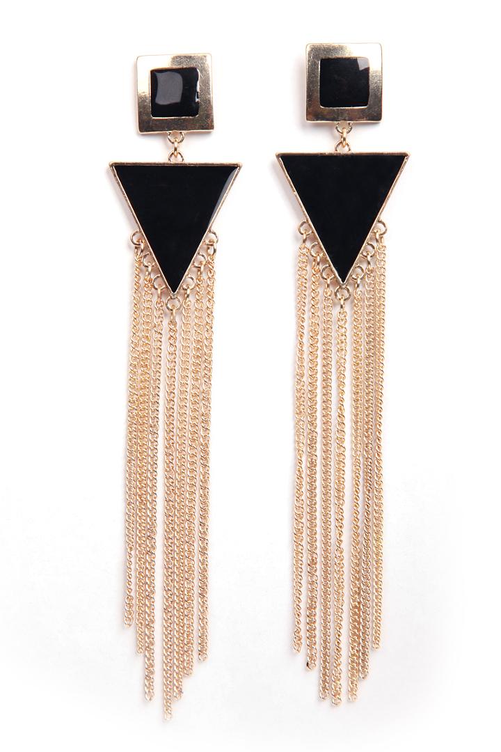 Shein Shine Black Trangle And Square Long Tassels Drop Earrings