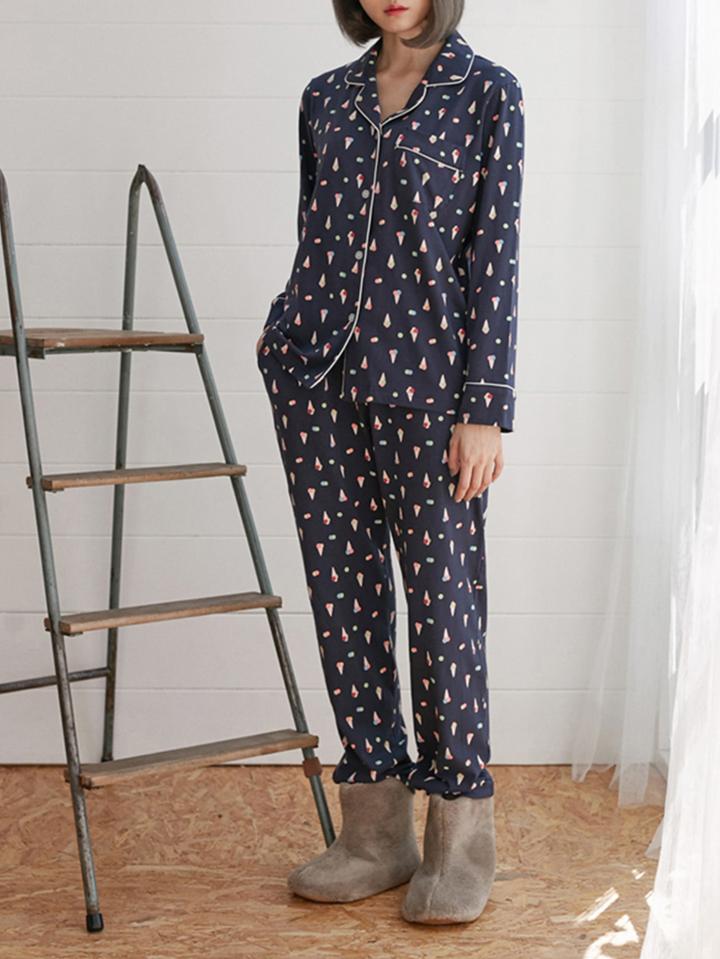 Shein Contrast Binding Seamless Pattern Shirt & Pants Pj Set