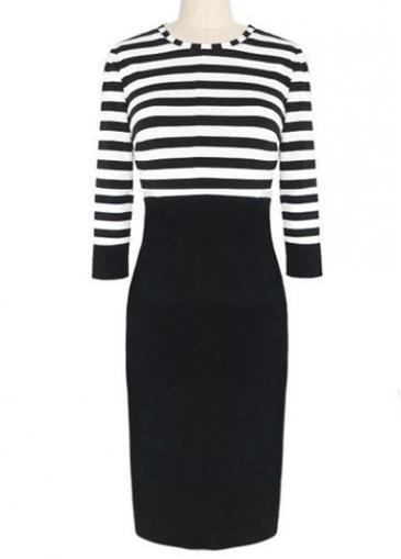 Rosewe Chic Stripe Print Three Quarter Sleeve Knee Length Dress