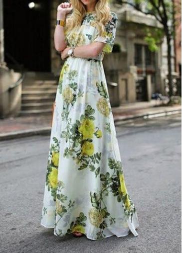 Rosewe Flower Print Round Neck Maxi Dress