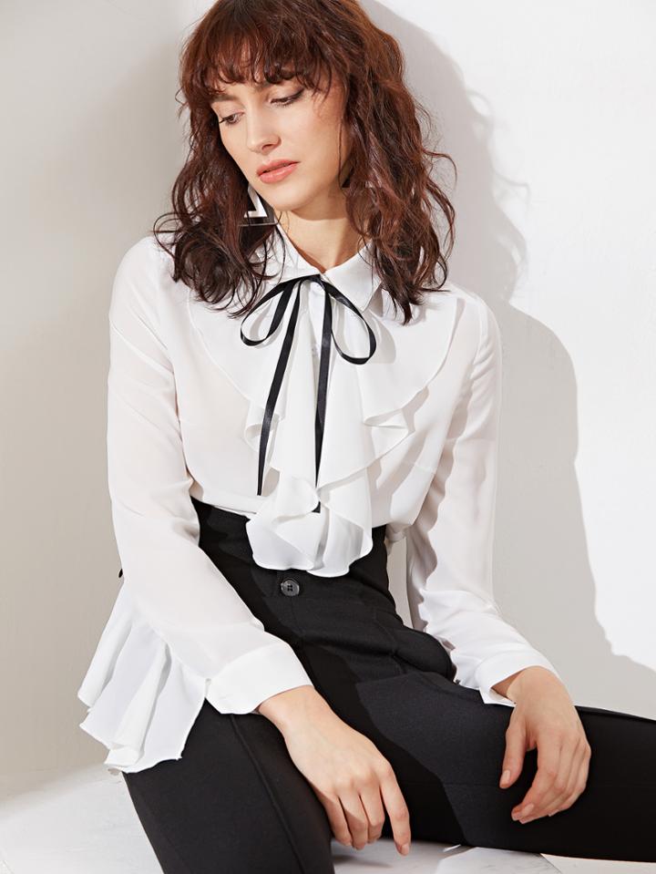 Shein White Tie Neck Ruffle Trim Semi Sheer Blouse