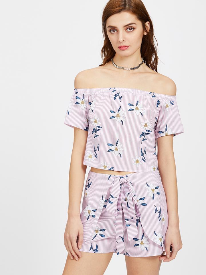 Shein Floral Vertical Striped Top With Tie Waist Overlay Shorts
